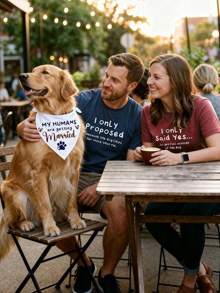 "The Custody Battle" Engagement Set – Funny Matching Tees & Dog Announcement Bandana