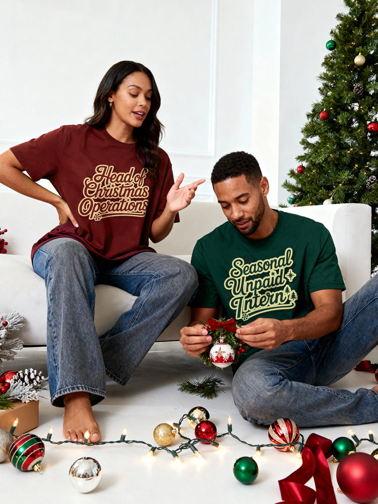 "Head of Christmas Operations & Seasonal Unpaid Intern" Matching Tee Set - The Accurate Holiday Roles Duo