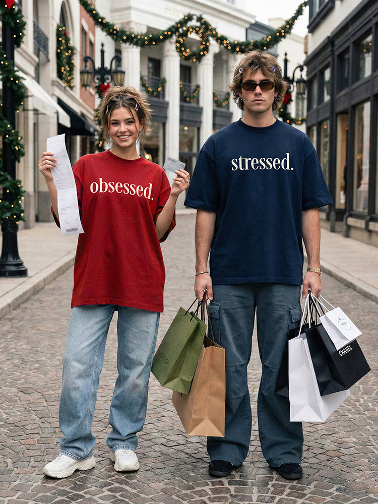 "Obsessed." & "Stressed." Matching Vintage Tees – The Ultimate Retail Therapy Duo