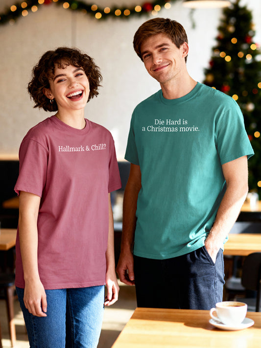"Hallmark & Chill vs. Die Hard" Matching Vintage Tees - The Ultimate Holiday Movie Debate Set