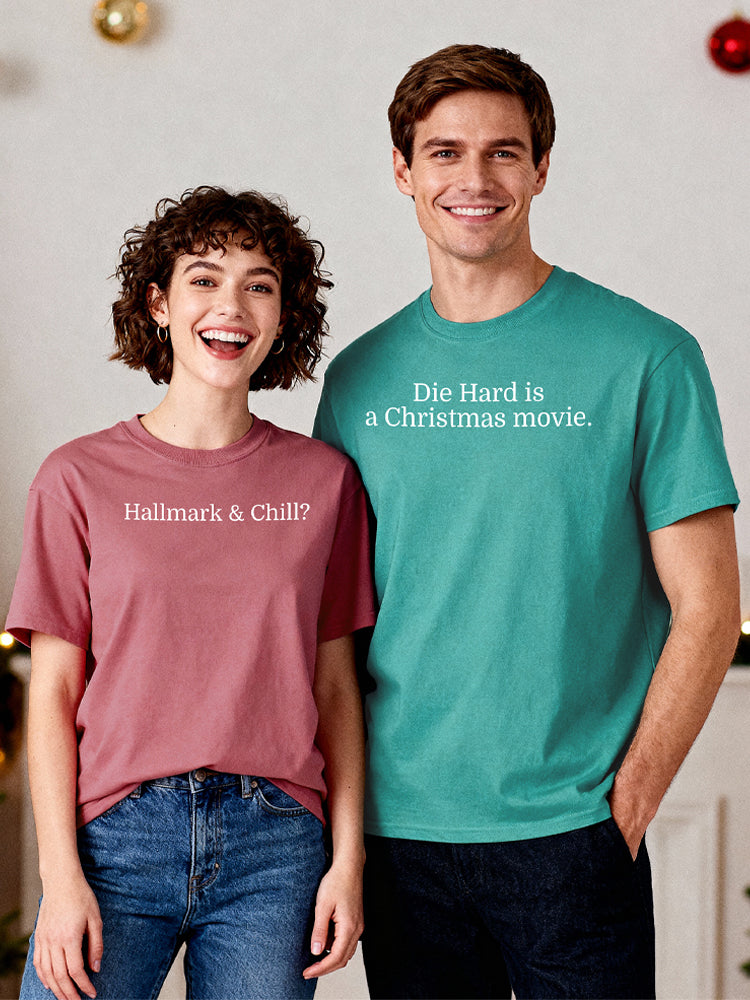 "Hallmark & Chill vs. Die Hard" Matching Vintage Tees - The Ultimate Holiday Movie Debate Set