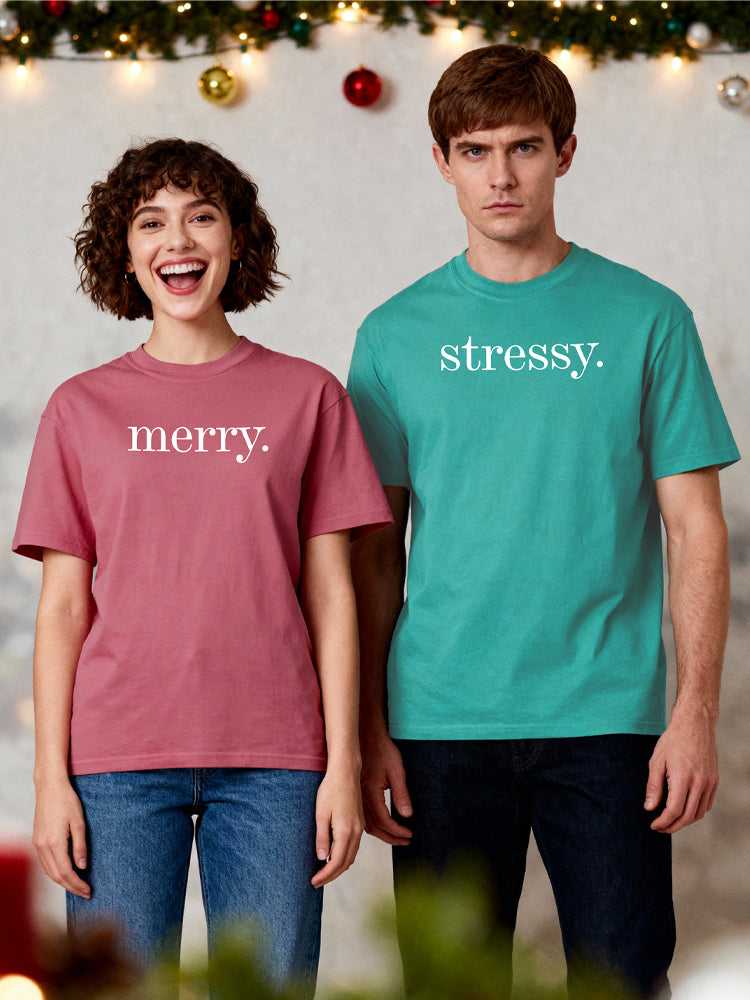 "Merry." & "Stressy." Minimalist Matching Tee - The Real Reality of Holiday Couples