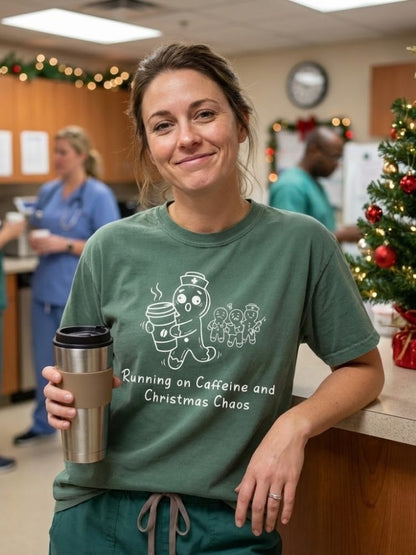 "Running On Caffeine & Christmas Chaos" Gingerbread Nurse Tee - The Ultimate Shift Survivor Gear