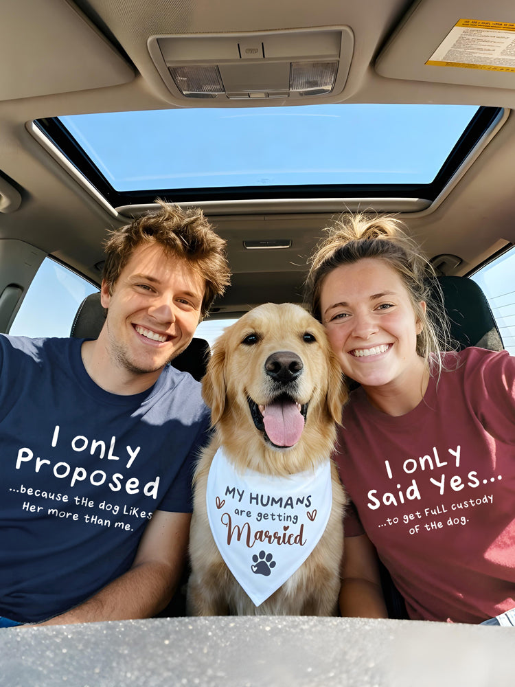 "The Custody Battle" Engagement Set – Funny Matching Tees & Dog Announcement Bandana