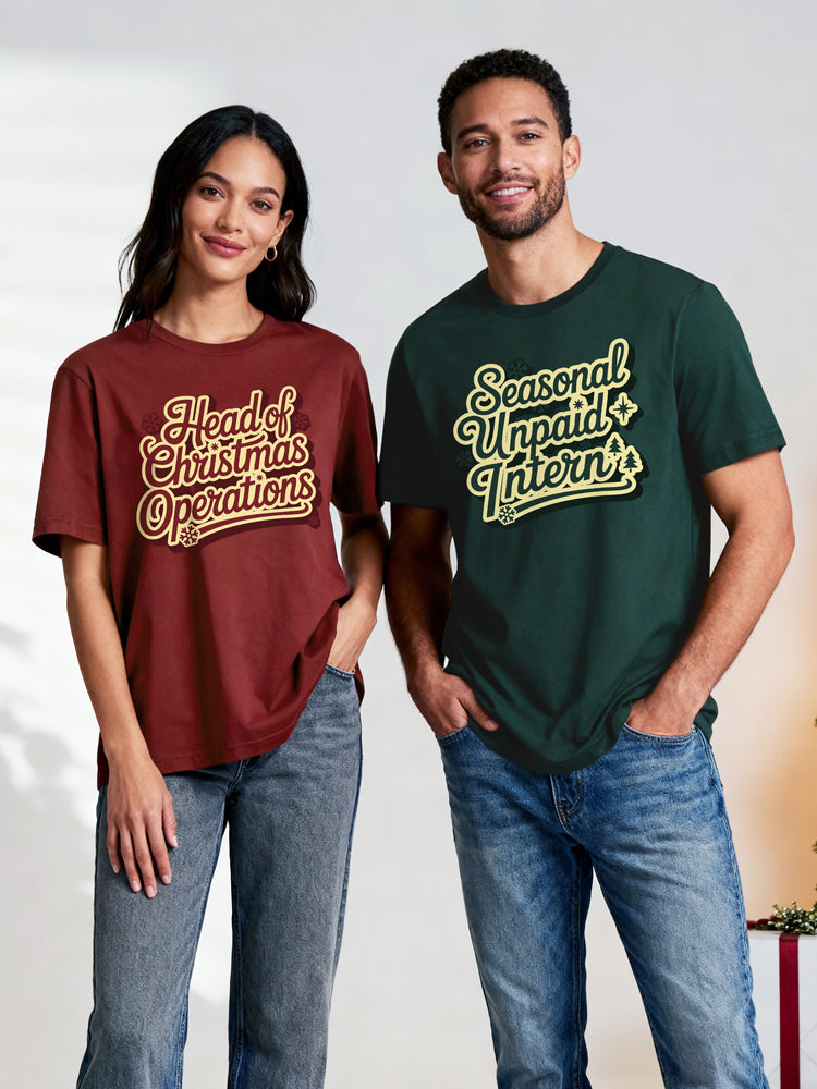 "Head of Christmas Operations & Seasonal Unpaid Intern" Matching Tee Set - The Accurate Holiday Roles Duo