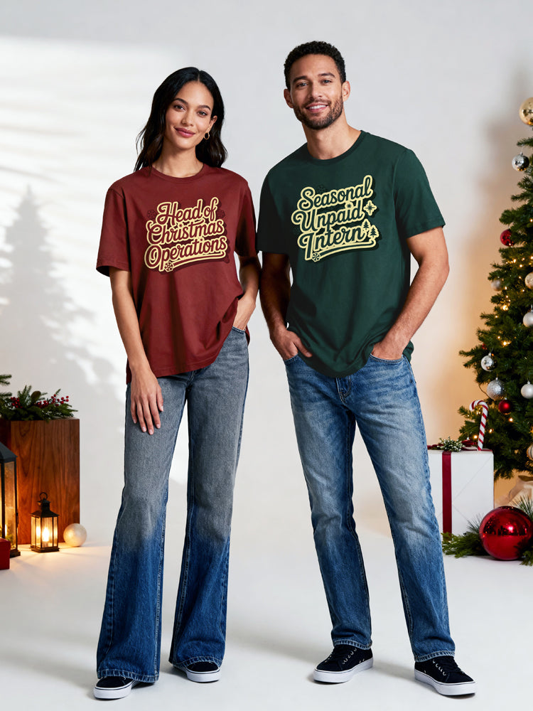 "Head of Christmas Operations & Seasonal Unpaid Intern" Matching Tee Set - The Accurate Holiday Roles Duo