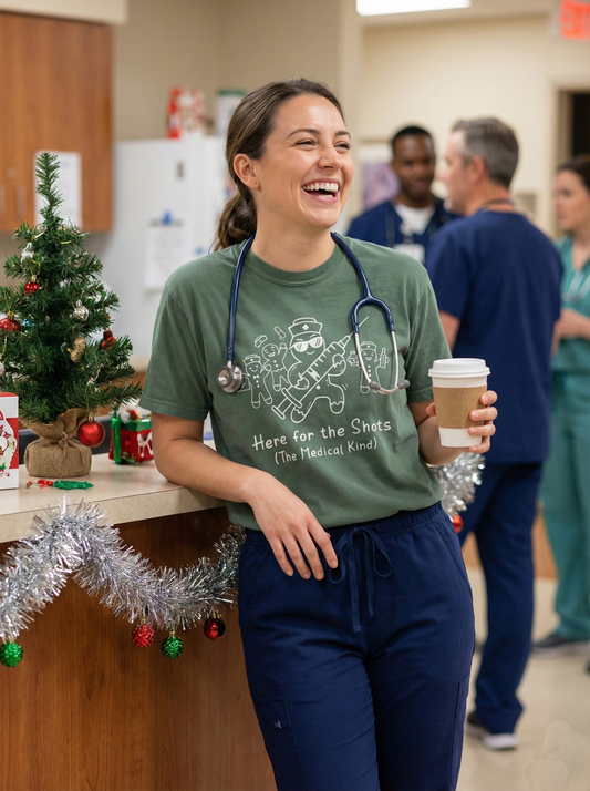 "Here For The Shots (The Medical Kind)" Vintage Wash Tee – The Ultimate Nurse Christmas Uniform
